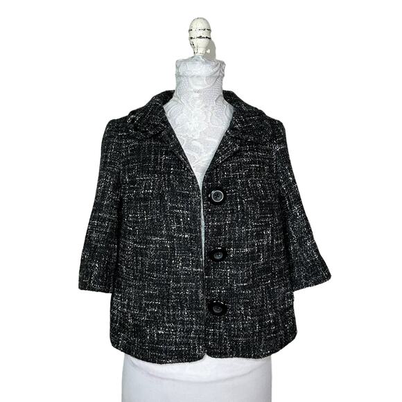 Guess Tweed Cropped Blazer Snap Pockets Black and White Women XS NWT - Picture 1 of 11